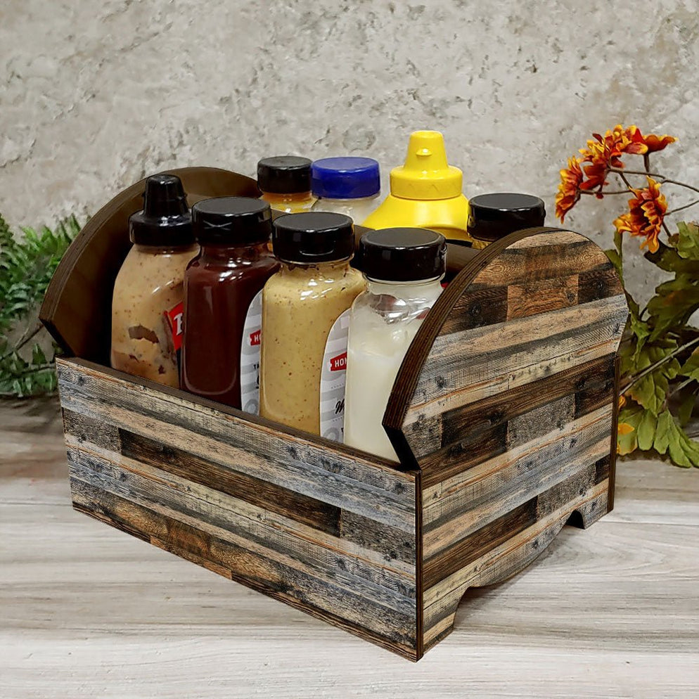Wooden Condiment Caddy w/ Handle - Rustic Wood Planks - Bar Products ...