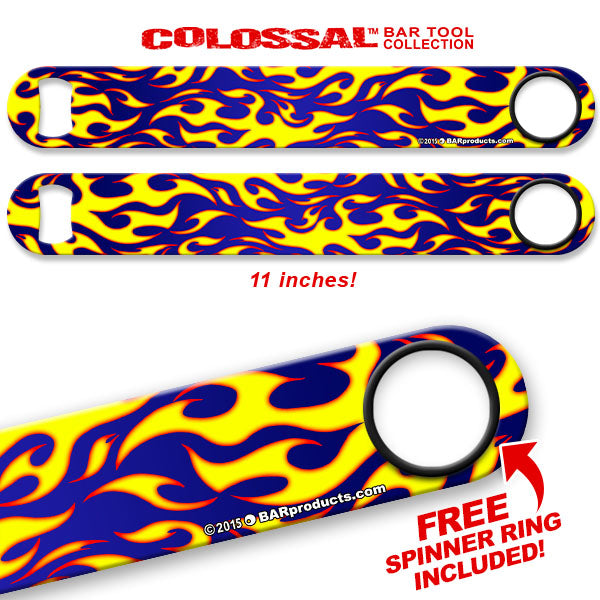 Kolorcoat™ 11" Long COLOSSAL™  Speed Bottle Opener – Flames – Yellow / Blue